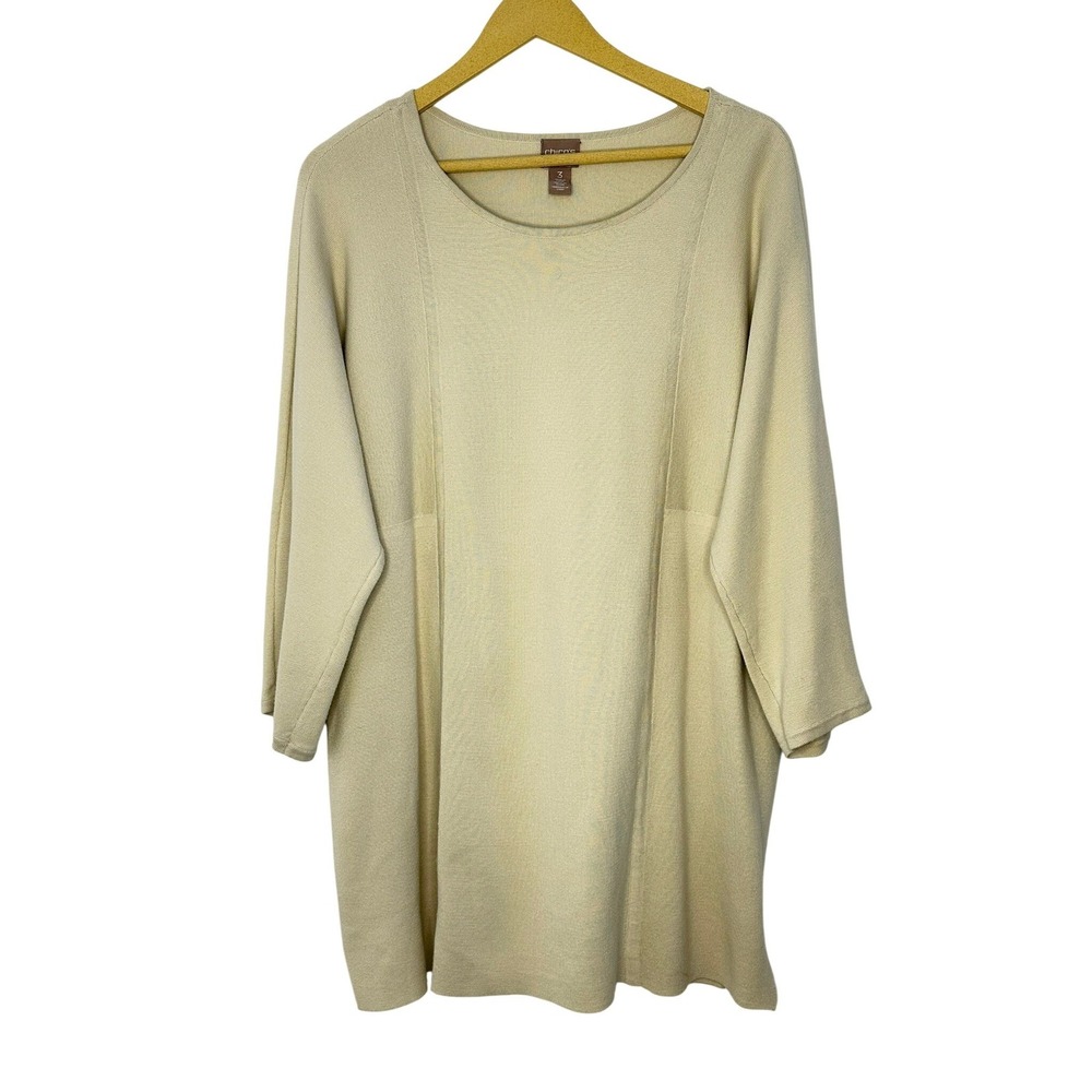 Chicos Cream Beige Cotton Rayon Knit Tunic Sweater 3/4‎ Sleeve Size 3 XL 16-18